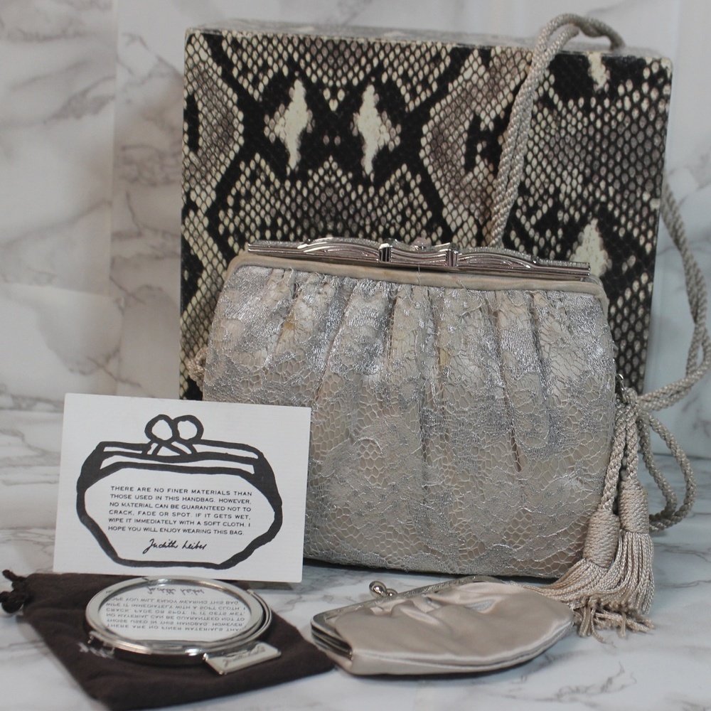 Judith Leiber Lace Satin Champagne Clutch Bag